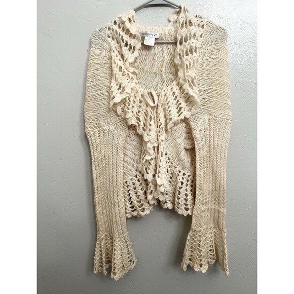 Newport News Off-White Tie-Front Flare Sleeve Knit Cardigan Fairy Whimsy Size L - Picture 2 of 10